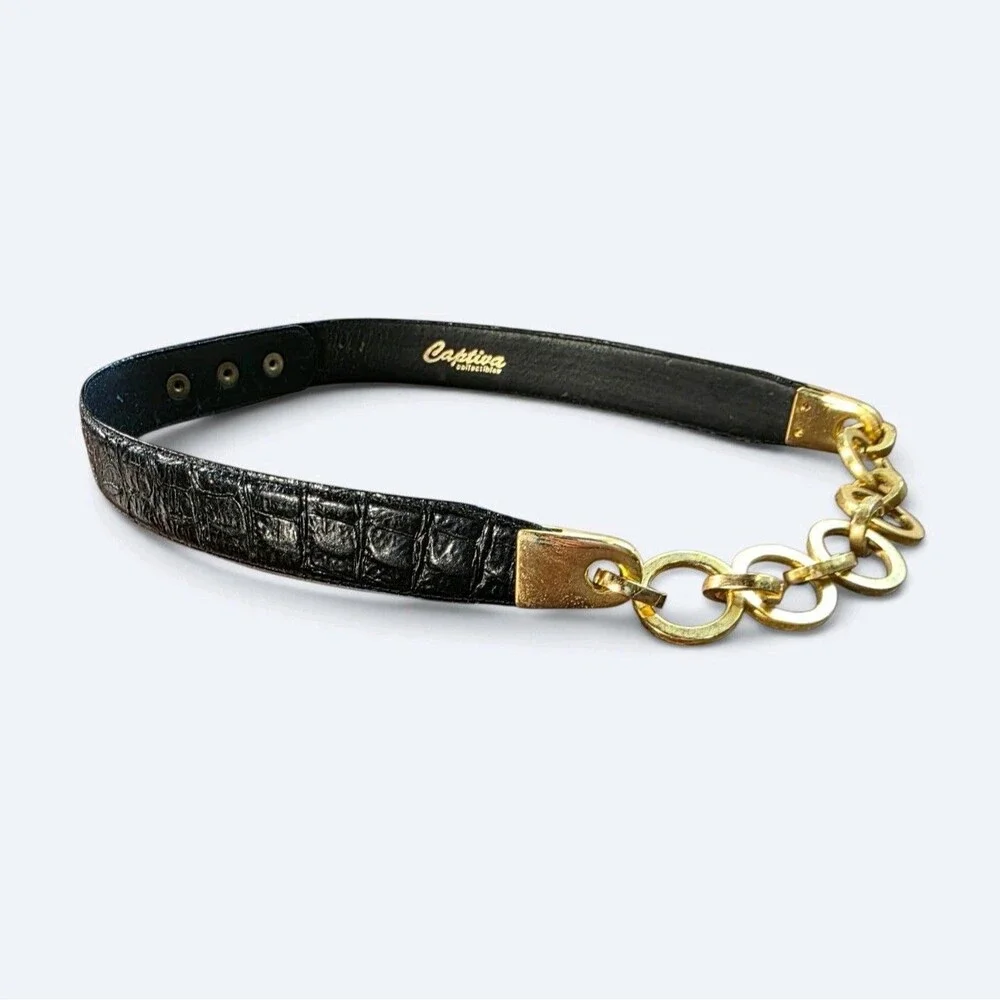 Vintage Captiva Collectibles Black Croc Embossed Leather & Gold Hoop Chain Belt